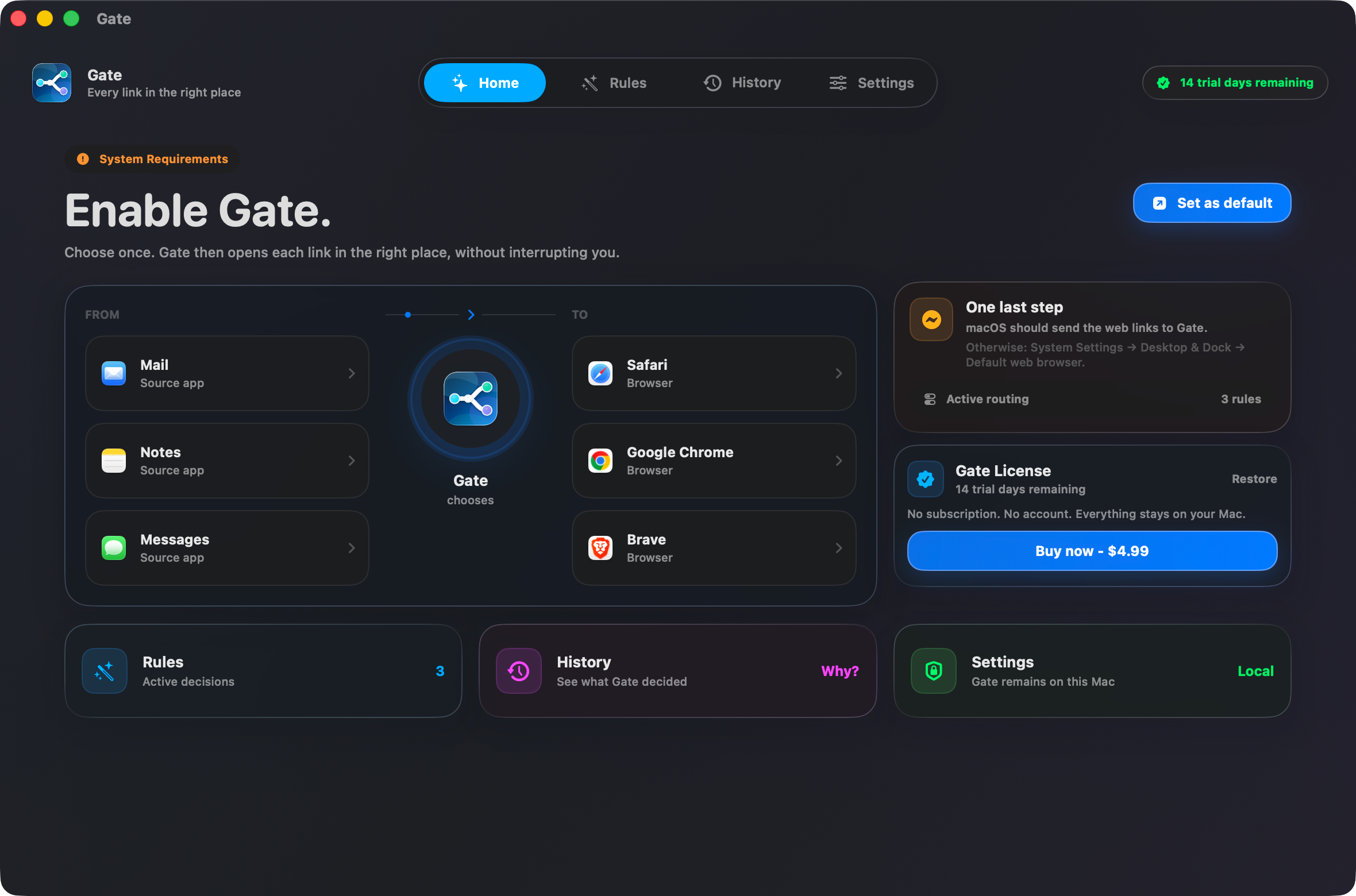 Gate — Every link opens where it belongs. Pick your browsers once. Gate quietly routes the rest.