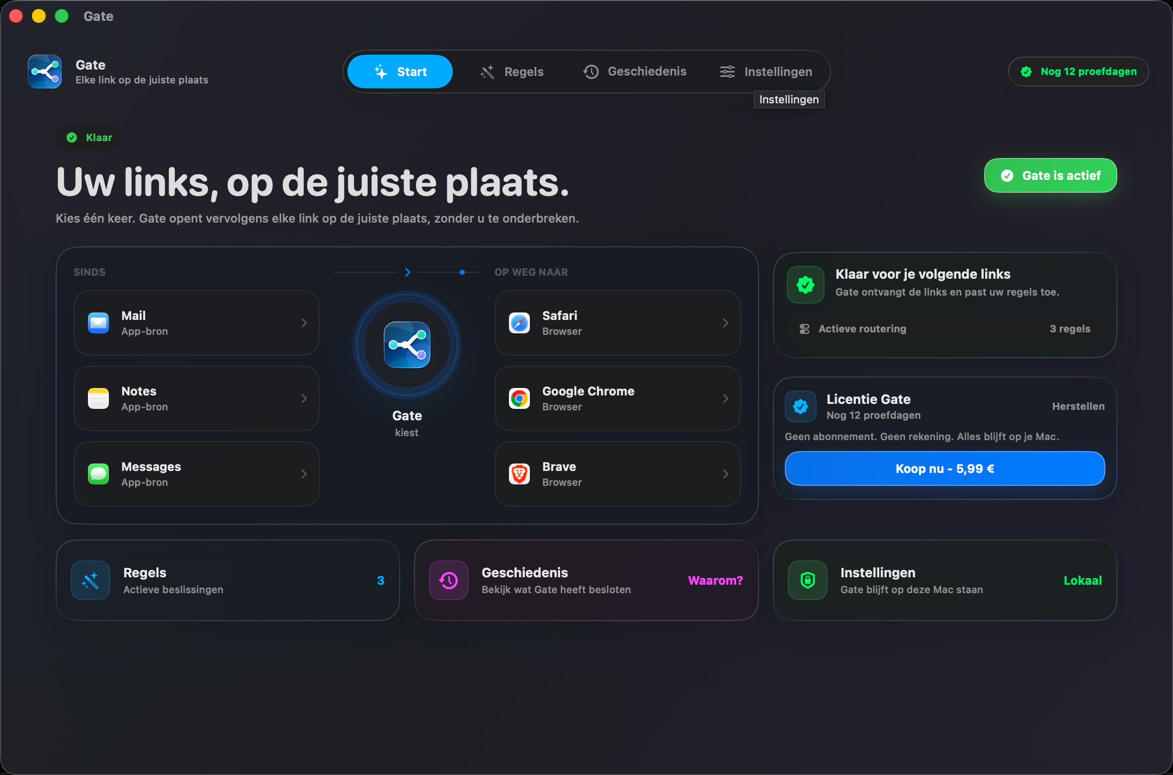 Gate — Elke link opent op de juiste plek. Kies je browsers één keer. Gate doet de rest.
