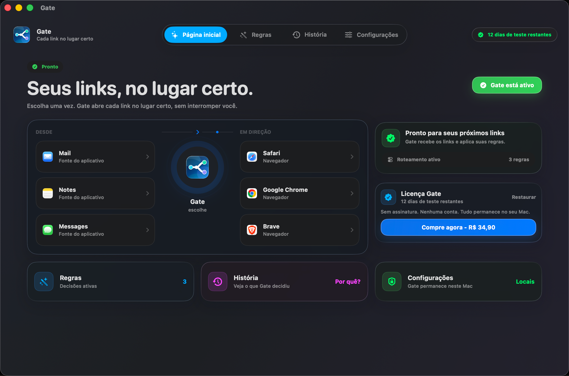 Gate — Cada link abre no lugar certo. Escolha seus navegadores uma vez. O resto é com o Gate.