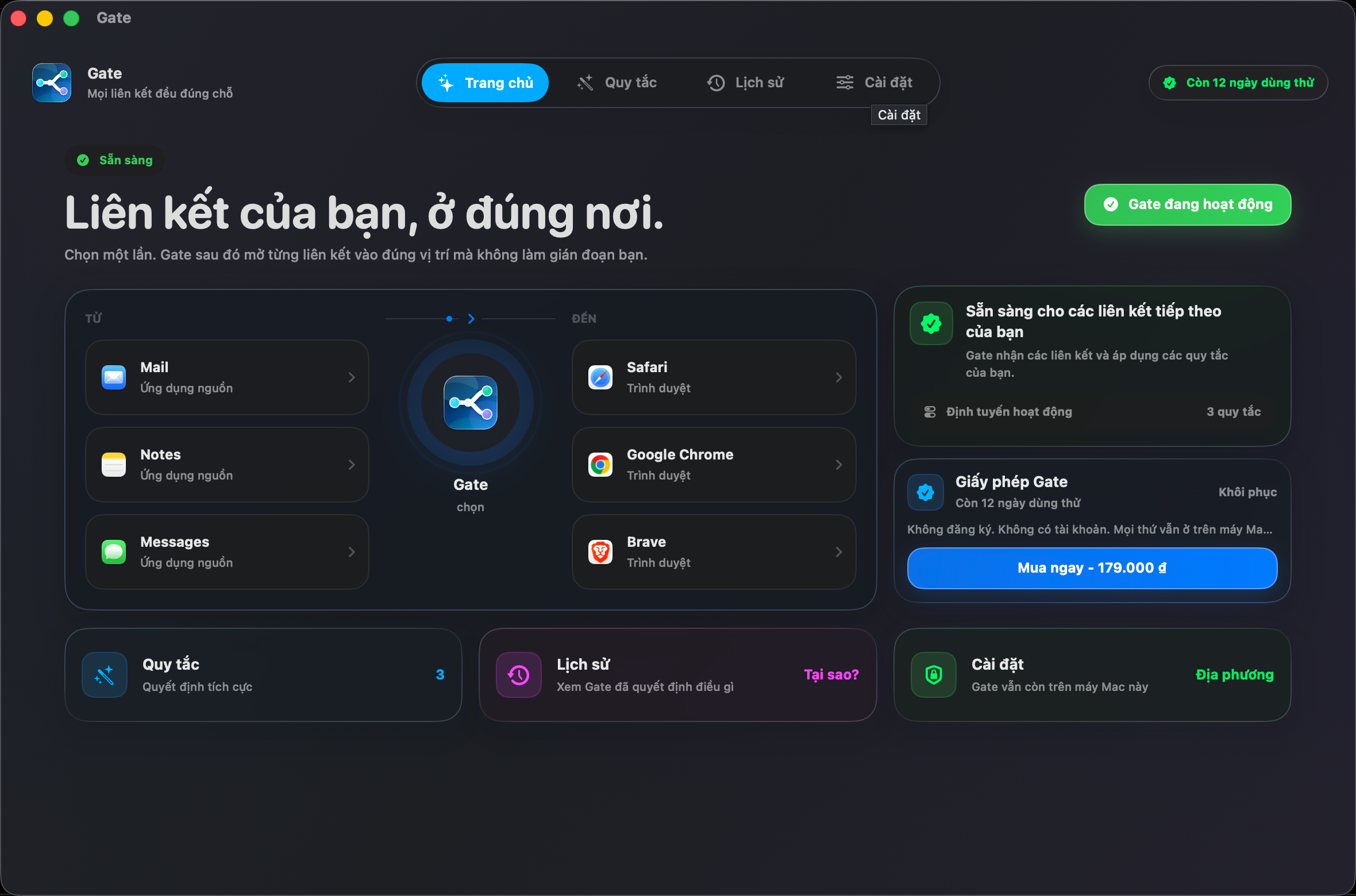Gate — Mọi liên kết mở đúng nơi cần đến. Chọn trình duyệt một lần. Gate lo phần còn lại.