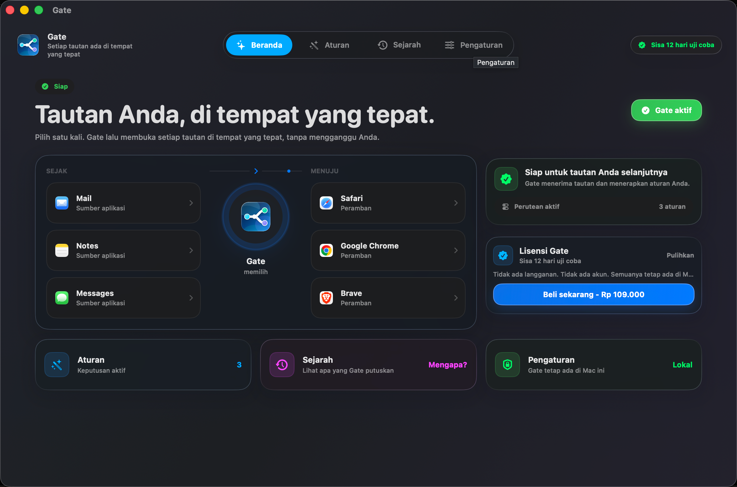 Gate — Setiap tautan terbuka di tempat yang tepat. Pilih browser sekali. Gate urus sisanya.