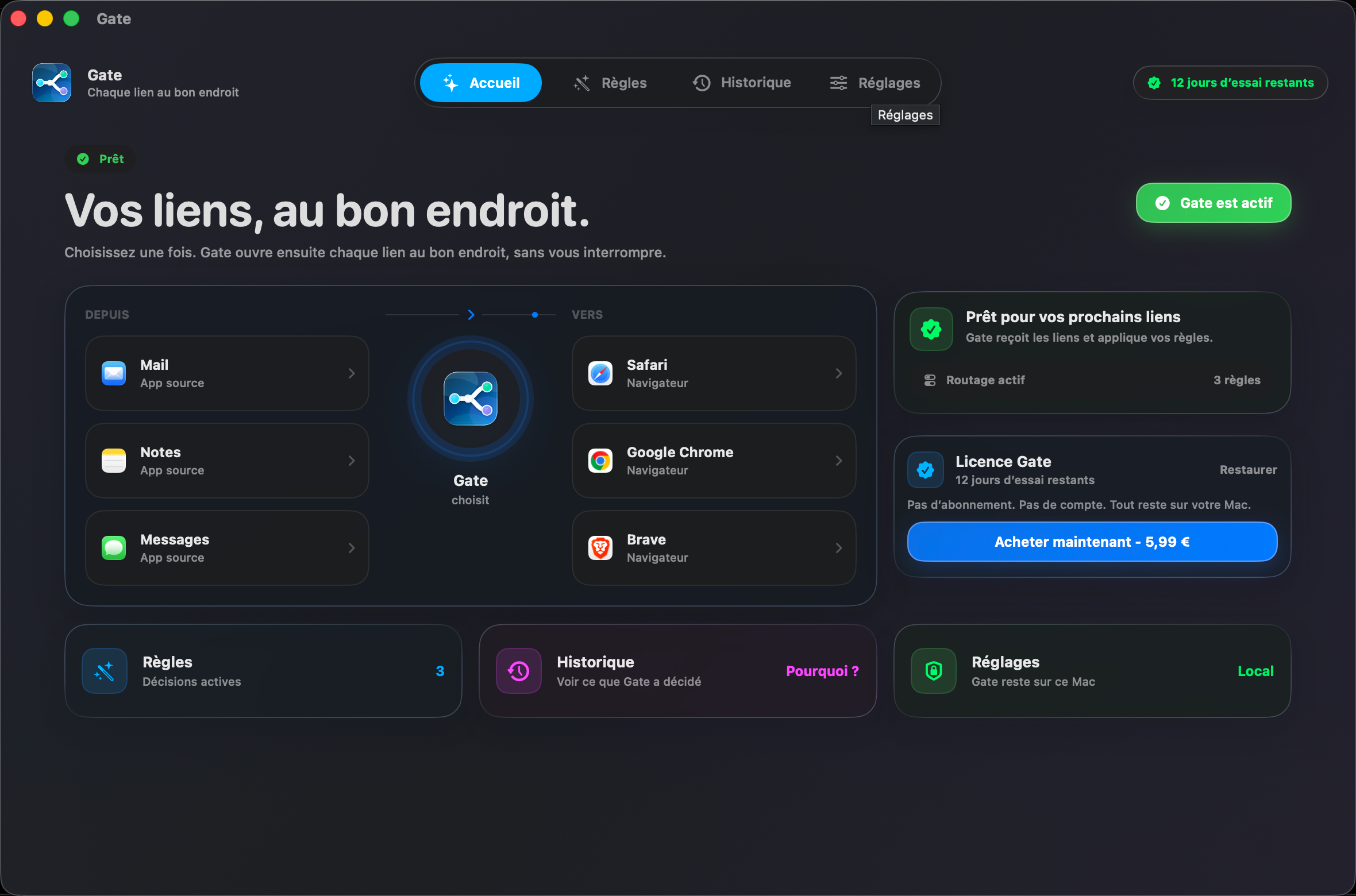 Gate — Chaque lien s'ouvre au bon endroit. Choisissez vos navigateurs une fois. Gate gère le reste.