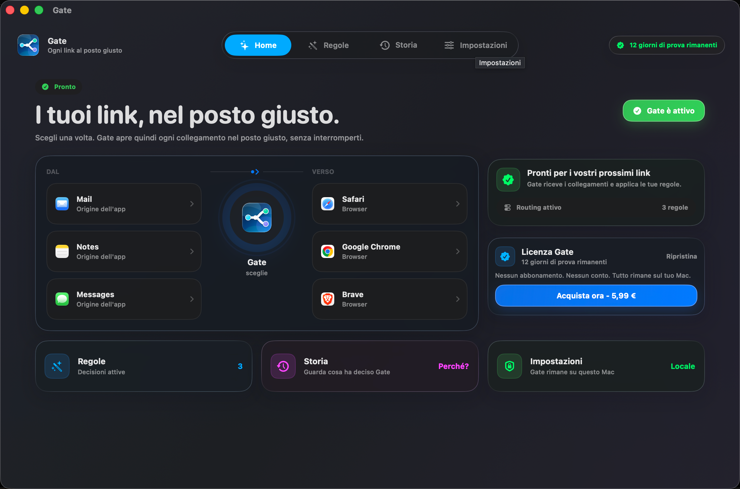 Gate — Ogni link si apre al posto giusto. Scegli i browser una volta. Al resto pensa Gate.