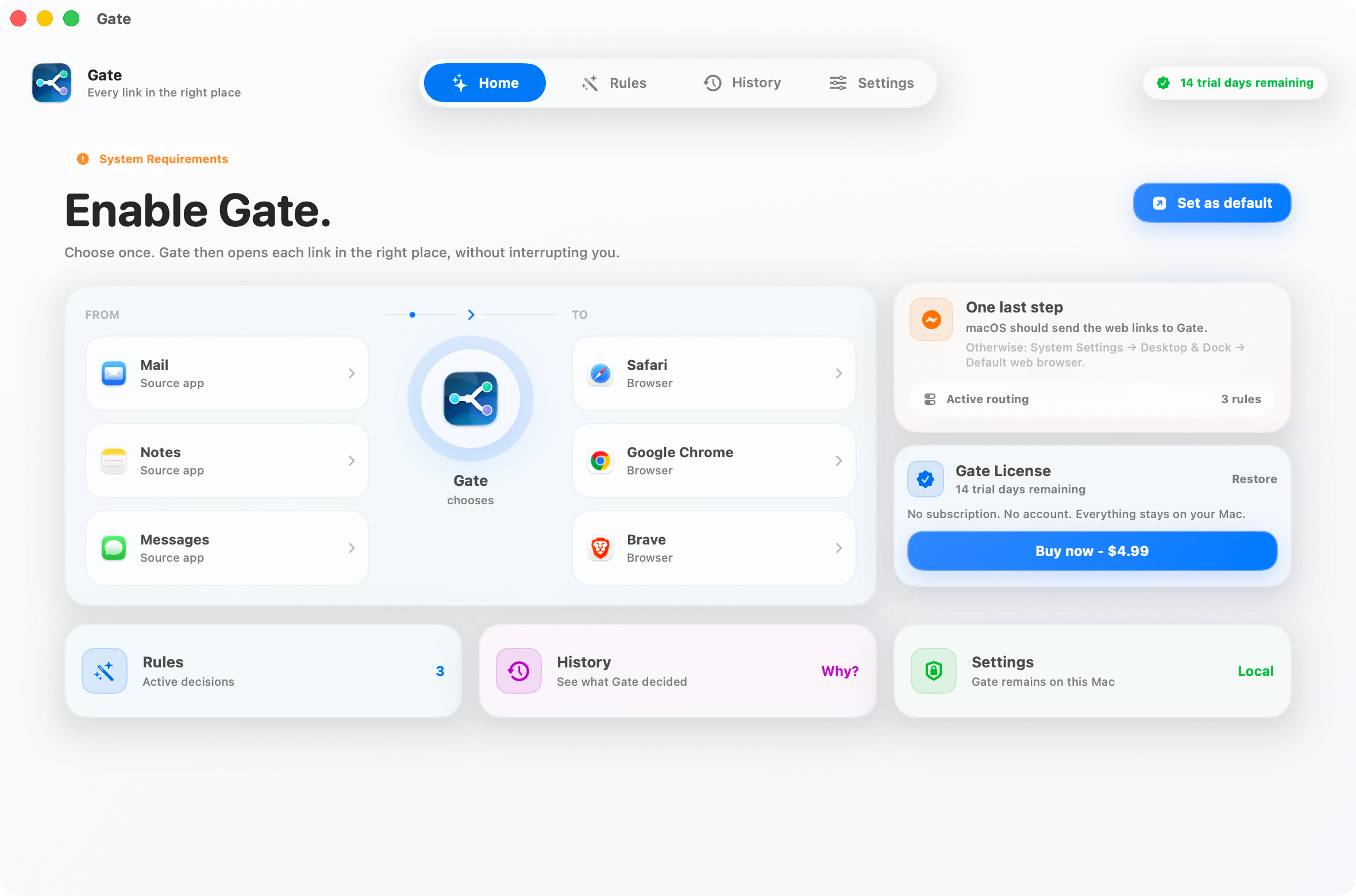 Gate — Every link opens where it belongs. Pick your browsers once. Gate quietly routes the rest.