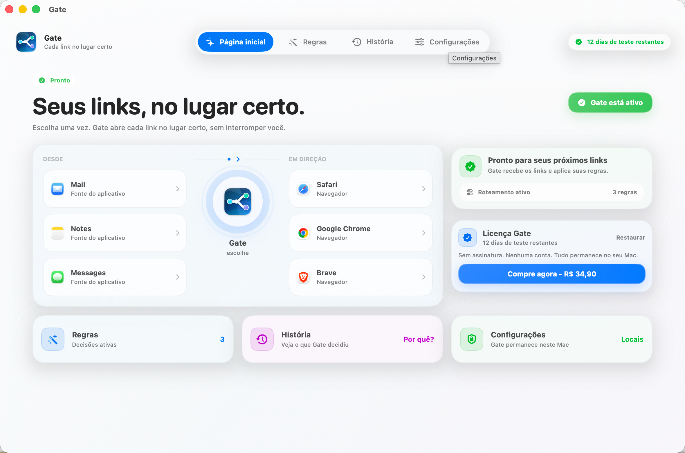 Gate — Cada link abre no lugar certo. Escolha seus navegadores uma vez. O resto é com o Gate.