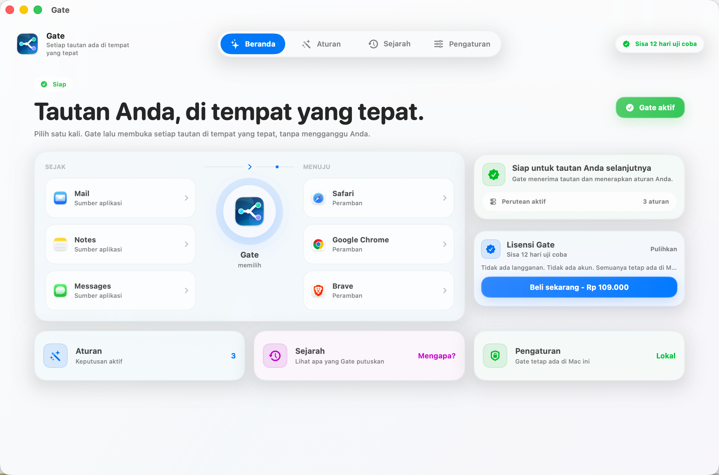 Gate — Setiap tautan terbuka di tempat yang tepat. Pilih browser sekali. Gate urus sisanya.