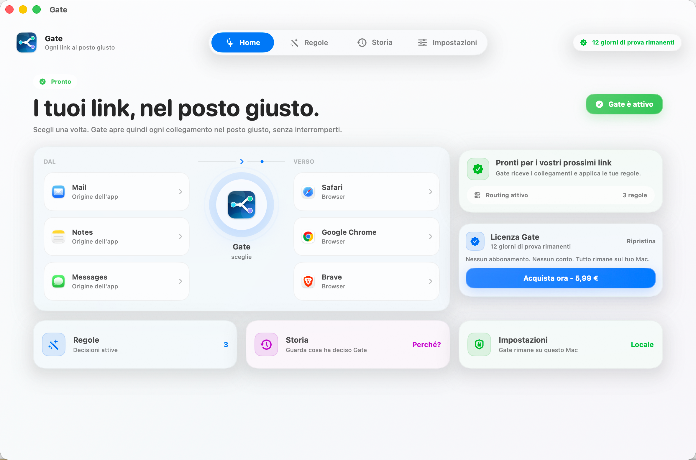 Gate — Ogni link si apre al posto giusto. Scegli i browser una volta. Al resto pensa Gate.