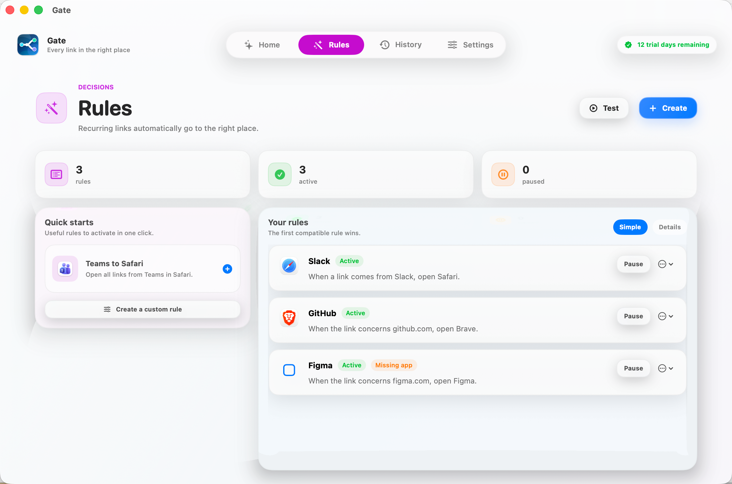 Gate — Set a rule once, never think again. Recurring links land in the right browser, every time.