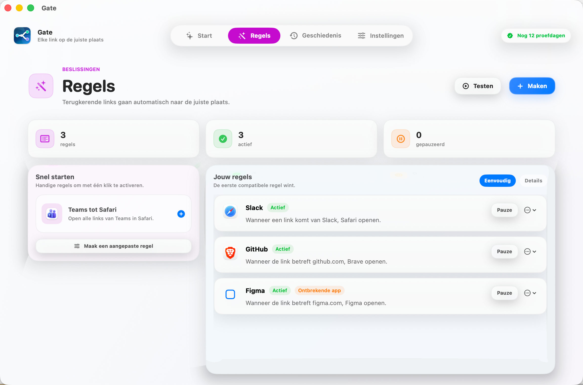 Gate — Stel één regel in en vergeet het. Terugkerende links openen elke keer in de juiste browser.