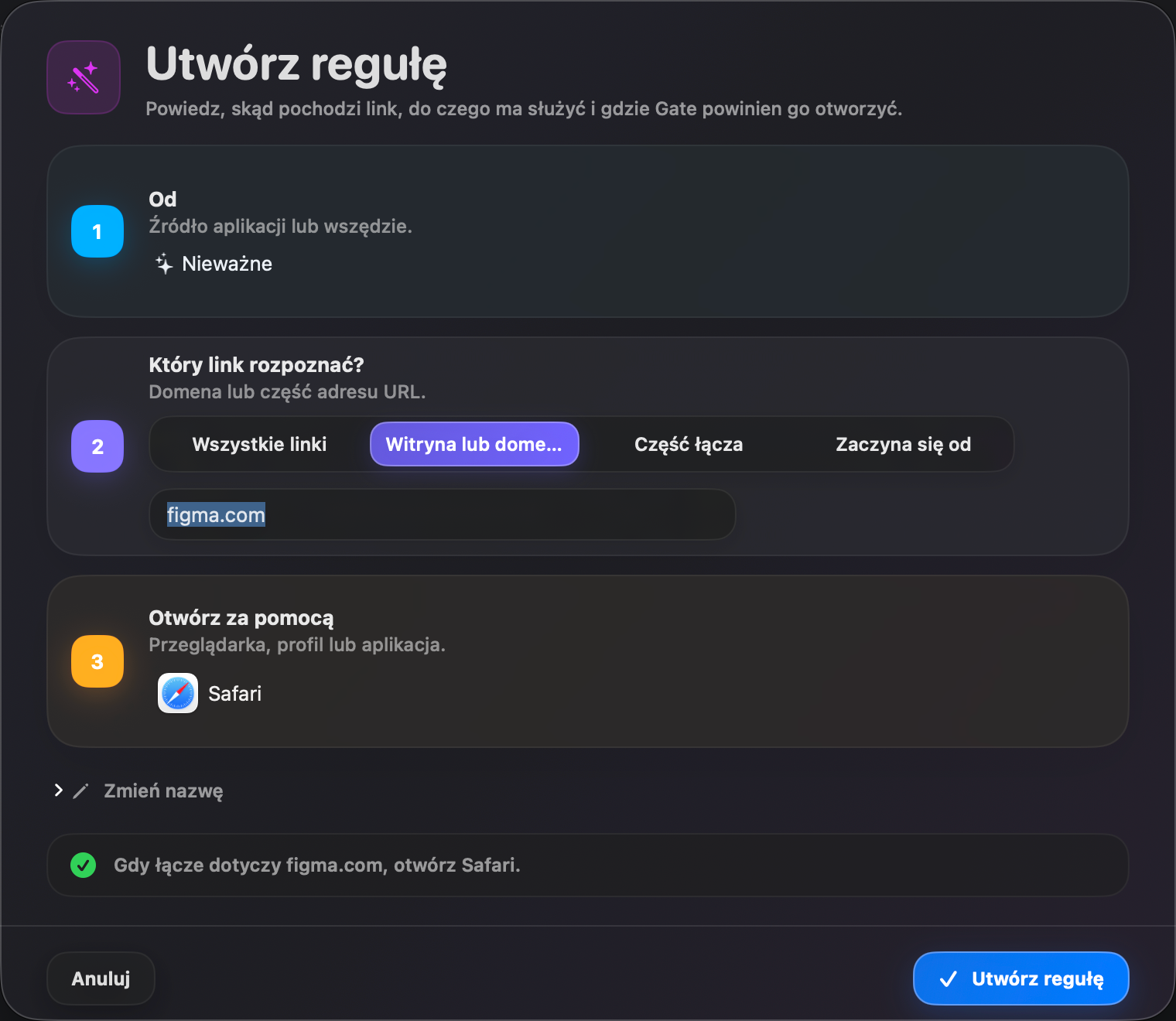 Gate — Stwórz regułę w kilka sekund. Źródło, warunek, cel — opisane prostym językiem.