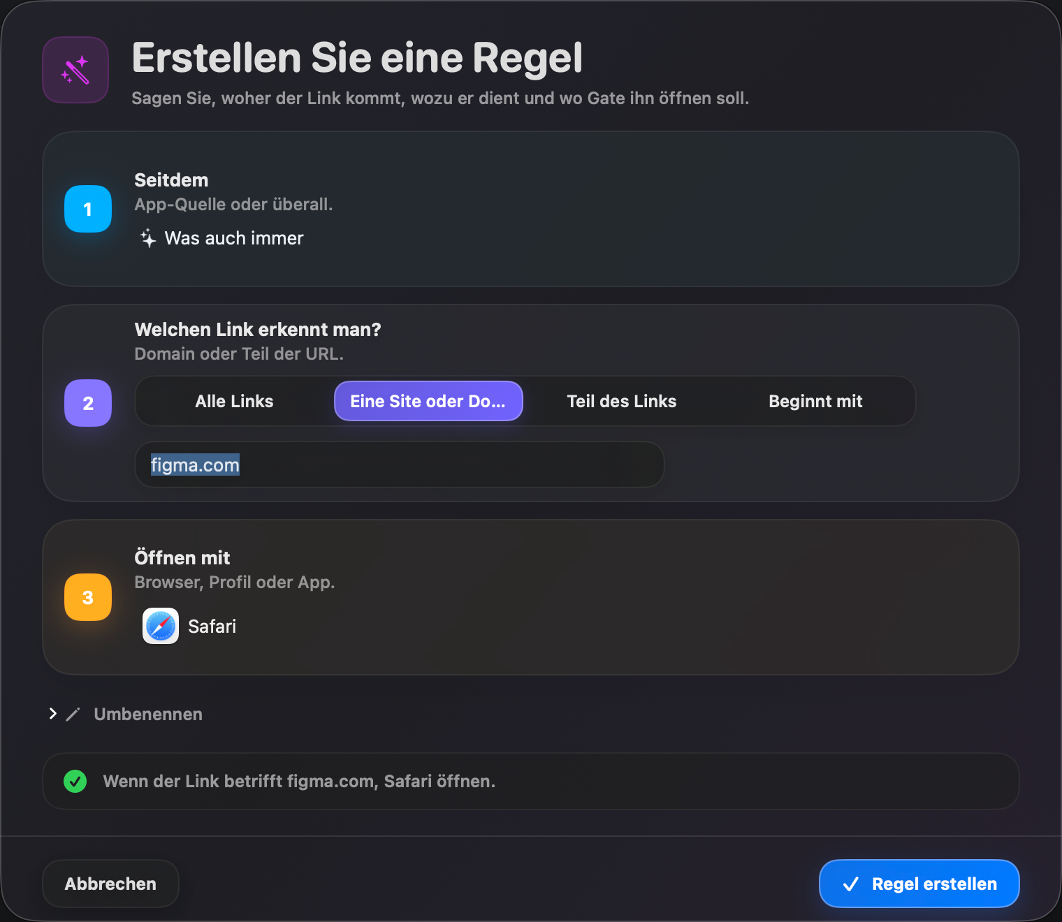 Gate — Eine Regel in Sekunden erstellen. Quelle, Treffer, Ziel — verständlich für Sie formuliert.