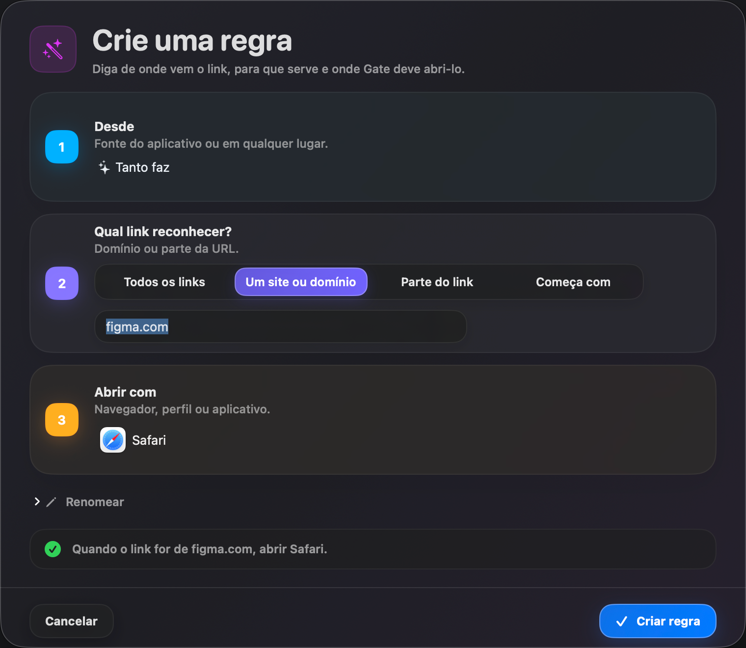 Gate — Crie uma regra em segundos. Origem, critério, abertura — explicado em linguagem clara.