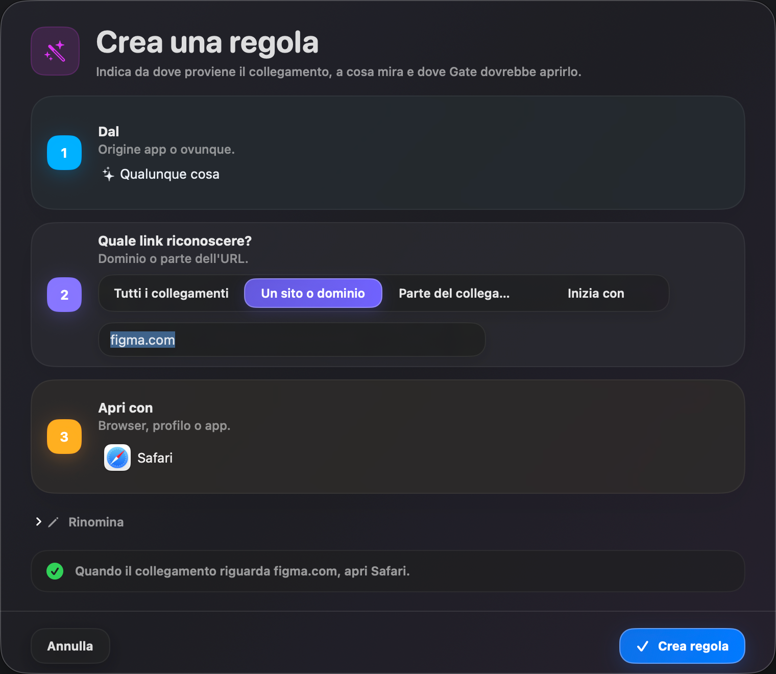 Gate — Crea una regola in pochi secondi. Origine, criterio, apertura — spiegato in parole chiare.