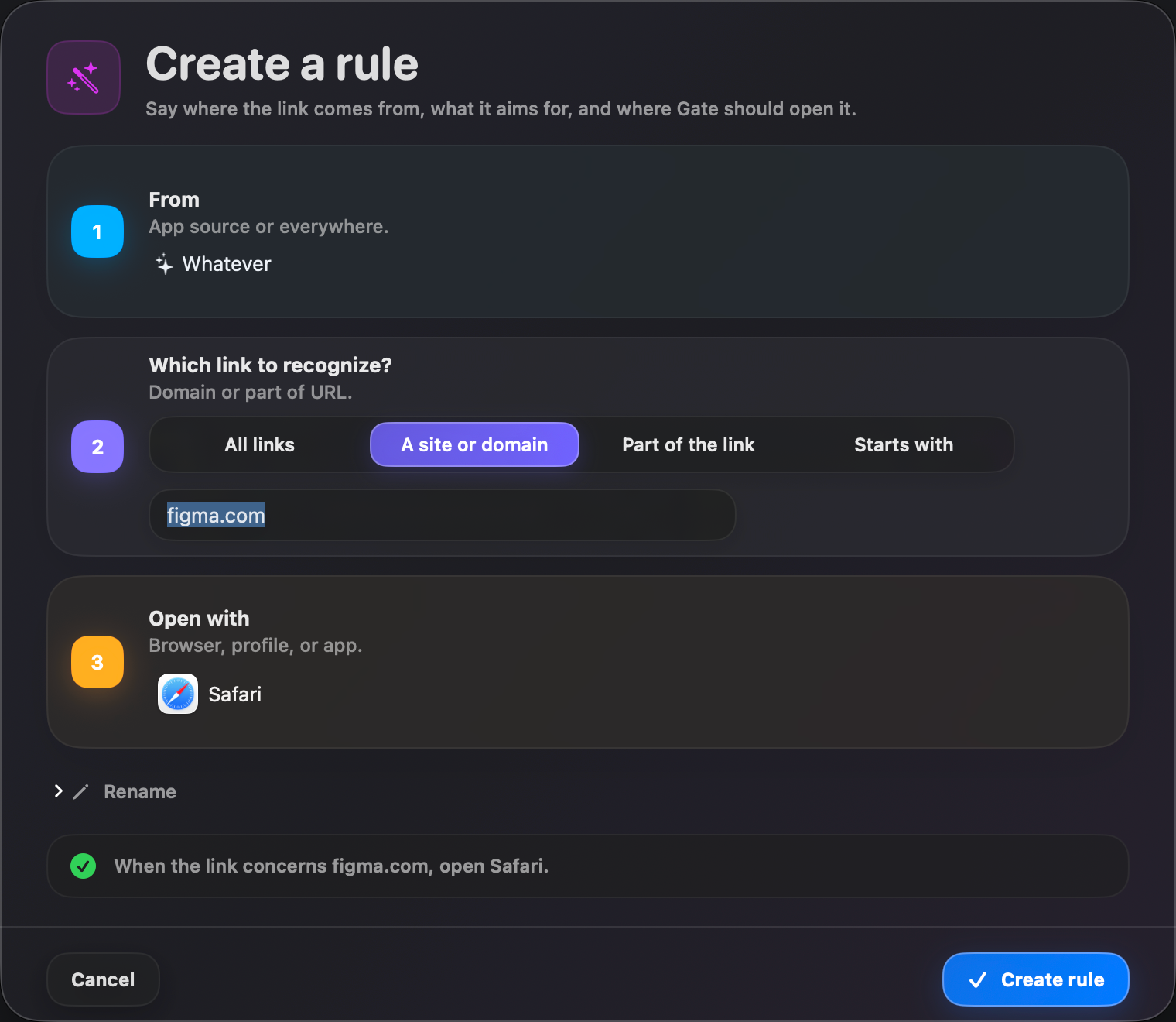Gate — Build a rule in seconds. From, match, open — written back to you in plain language.