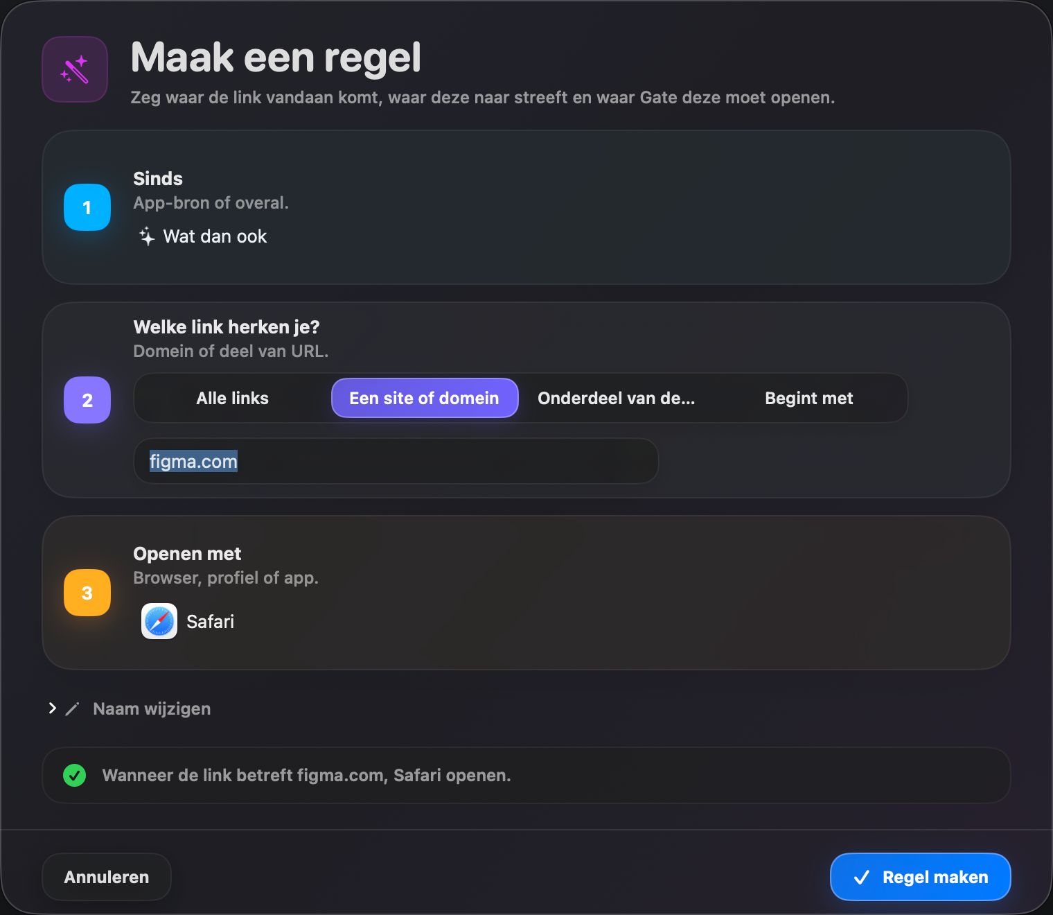 Gate — Maak een regel in seconden. Bron, voorwaarde, doel — in gewone taal teruggegeven.