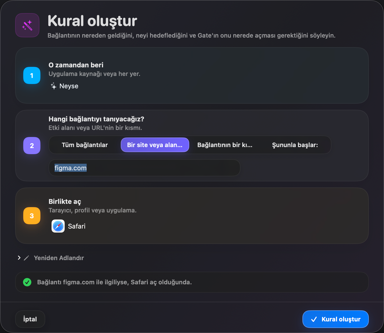 Gate — Saniyeler içinde bir kural oluştur. Kaynak, koşul, hedef — sade bir dille özetlenir.