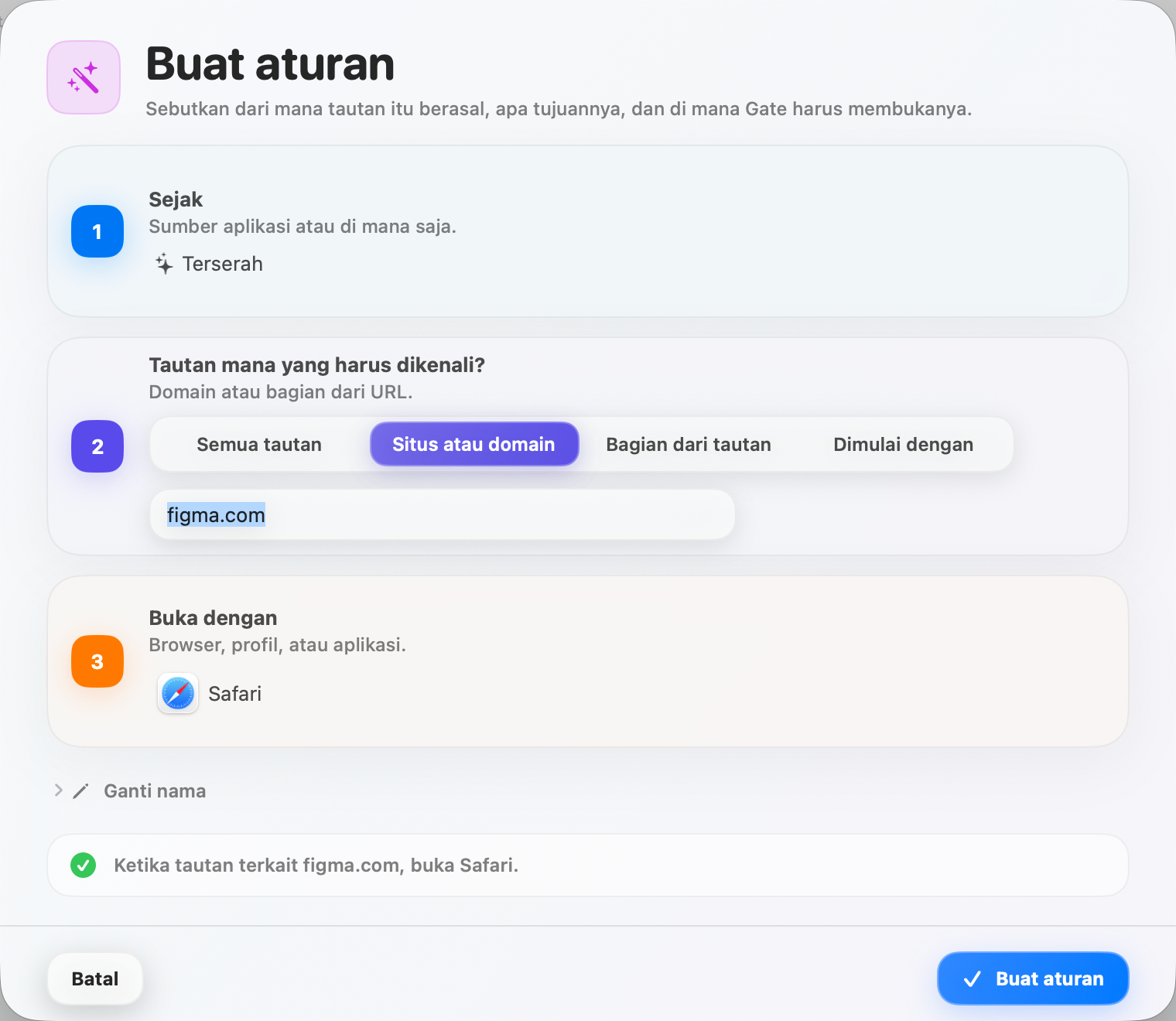 Gate — Buat aturan dalam hitungan detik. Sumber, kriteria, tujuan — dijelaskan dengan bahasa jelas.