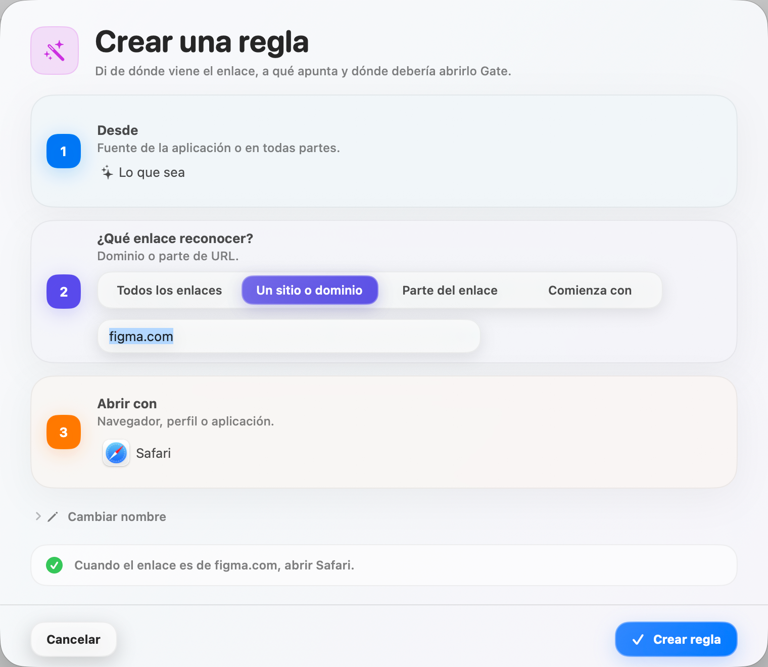 Gate — Crea una regla en segundos. Origen, condición, destino — explicado en lenguaje claro.
