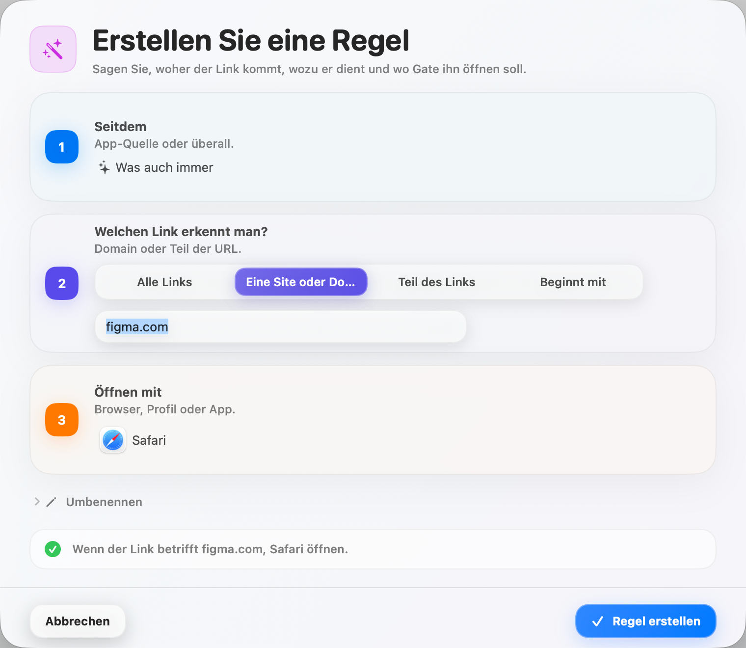 Gate — Eine Regel in Sekunden erstellen. Quelle, Treffer, Ziel — verständlich für Sie formuliert.