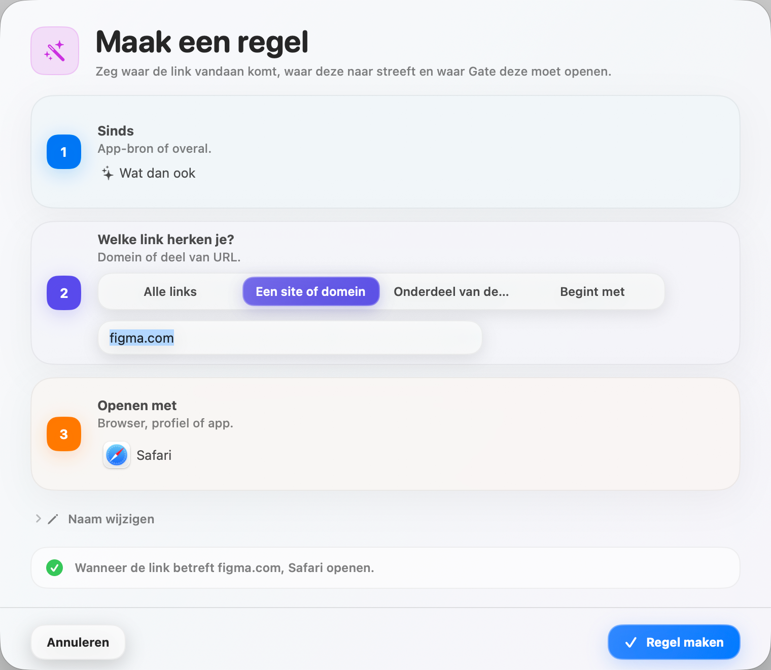 Gate — Maak een regel in seconden. Bron, voorwaarde, doel — in gewone taal teruggegeven.