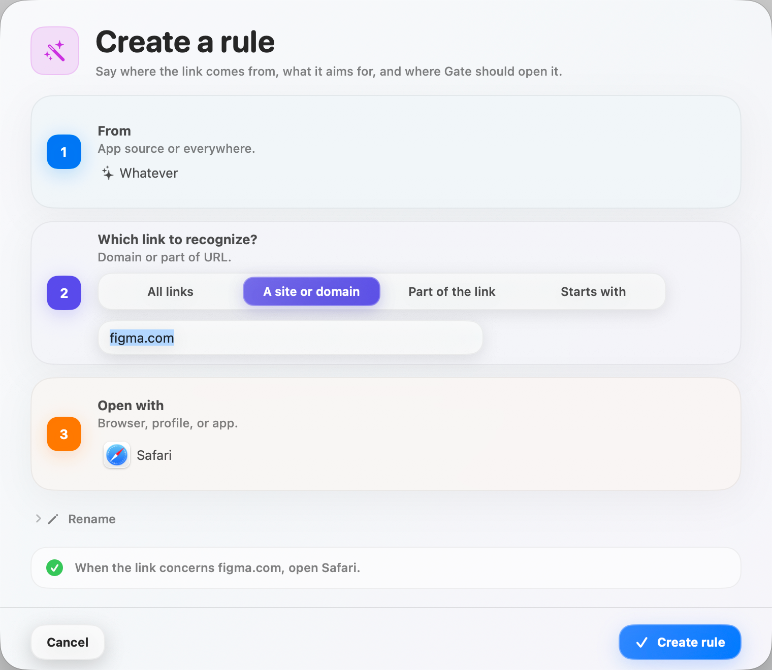Gate — Build a rule in seconds. From, match, open — written back to you in plain language.