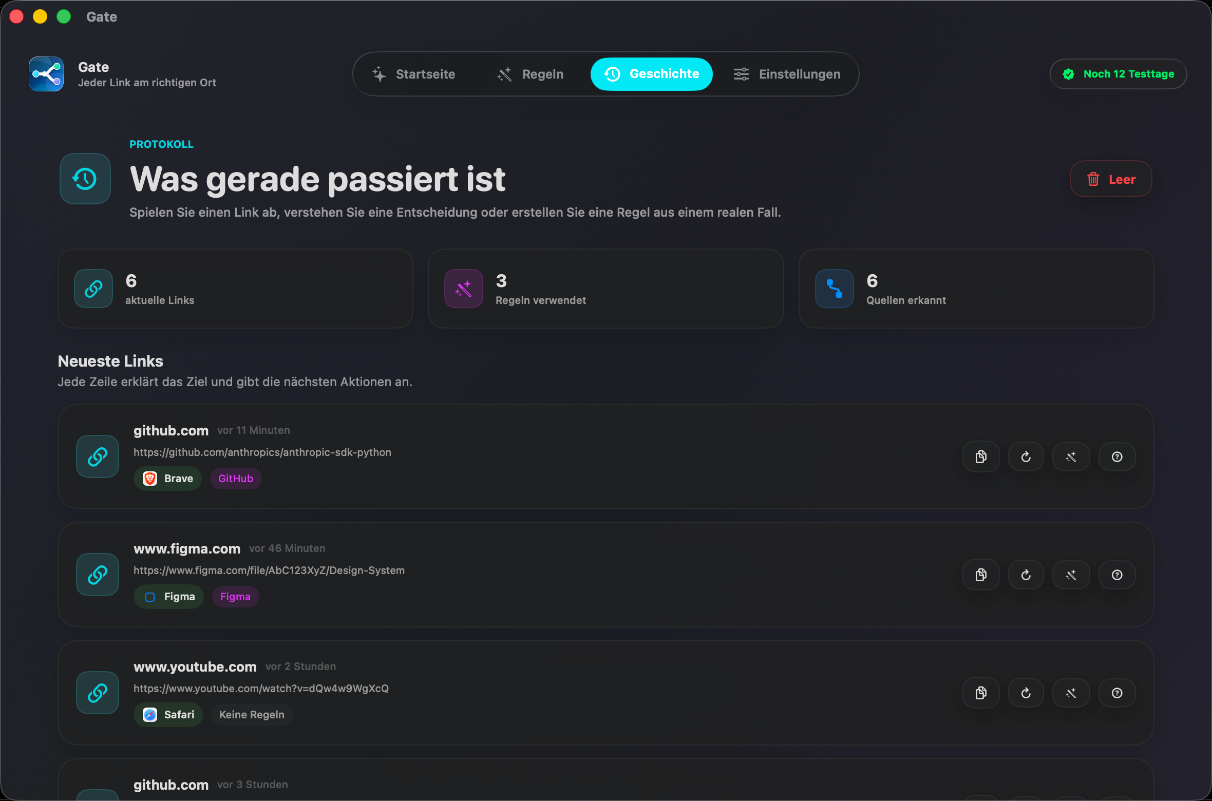 Gate — Sehen Sie, warum Gate entschied. Jeden Link abspielen, verstehen, zur Regel machen.