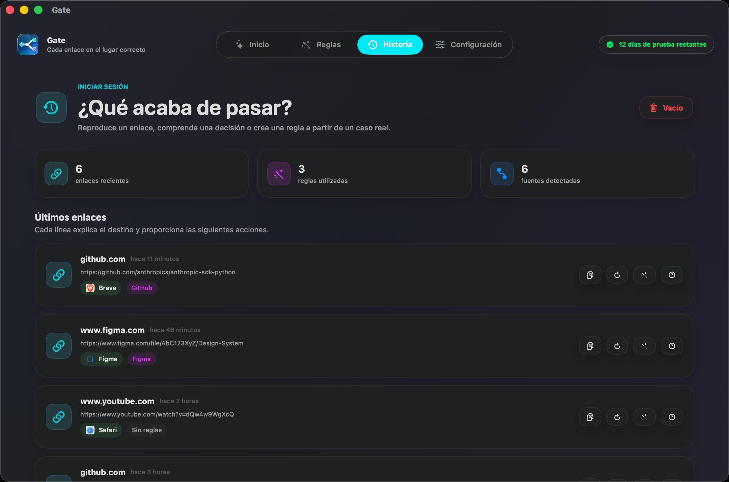 Gate — Mira por qué Gate decidió. Repite un enlace, entiéndelo y conviértelo en regla.