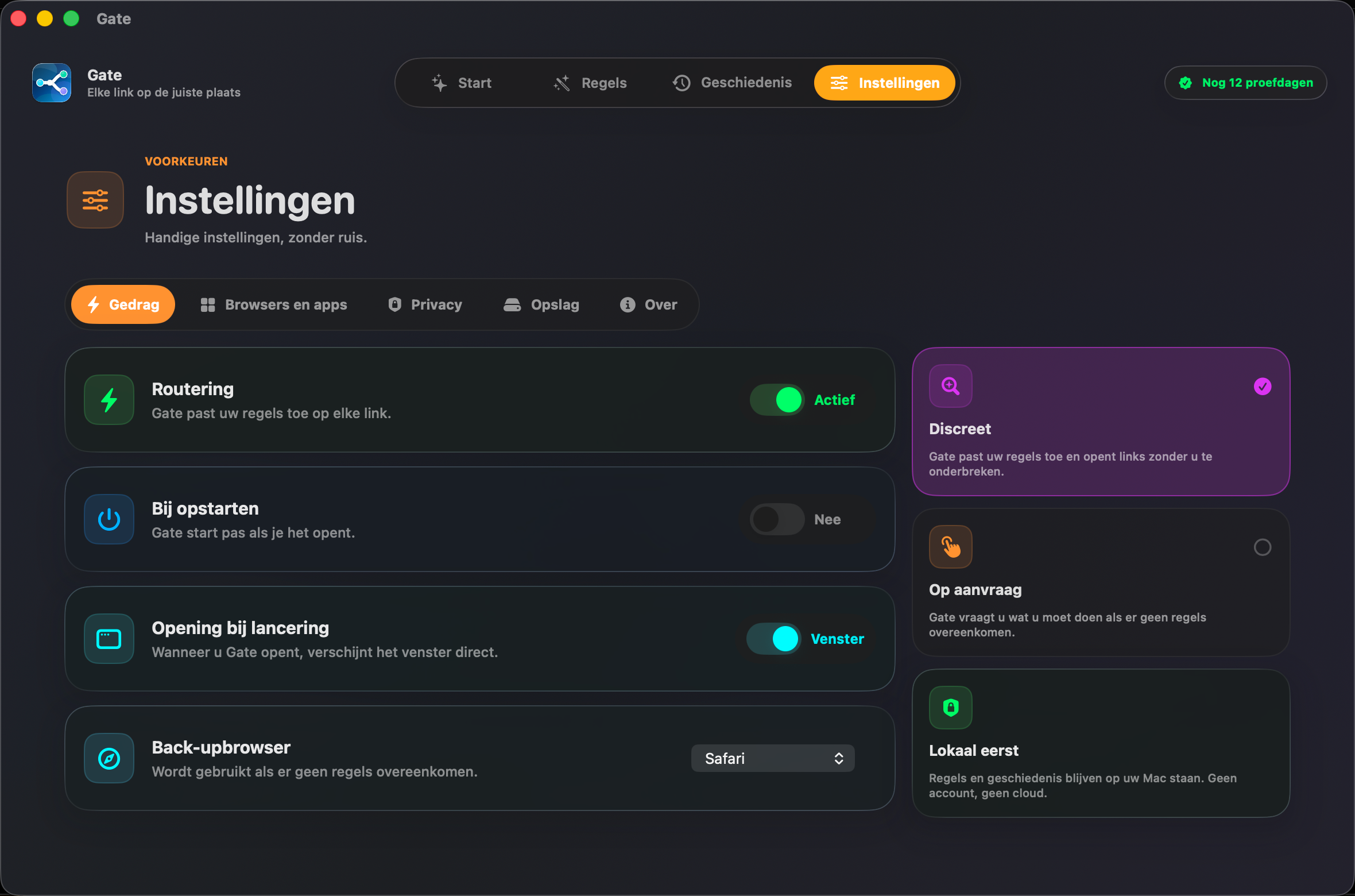 Gate — Alles blijft op je Mac. Geen account. Geen cloud. Geen abonnement.