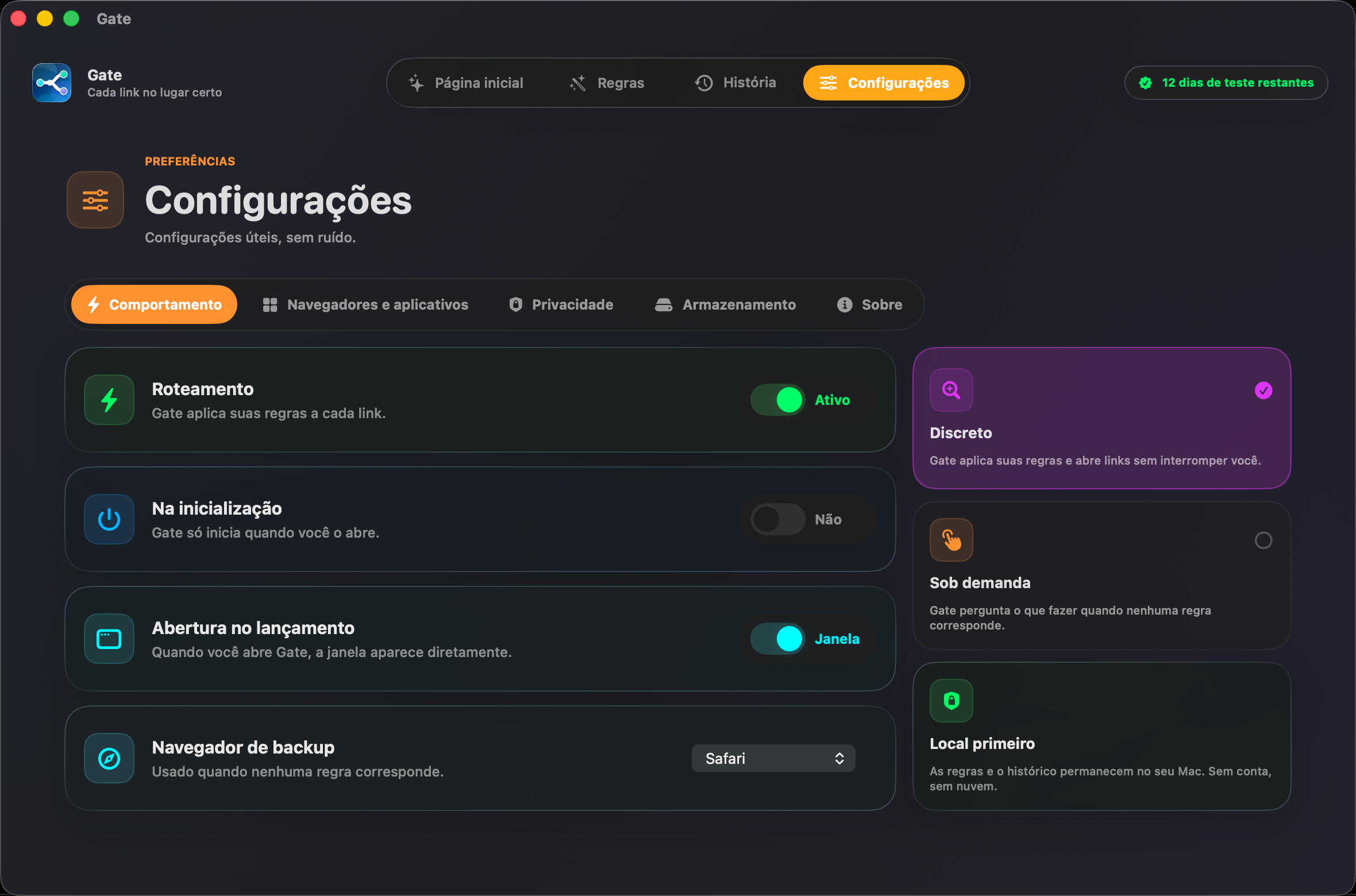 Gate — Tudo fica no seu Mac. Sem conta. Sem nuvem. Sem assinatura.