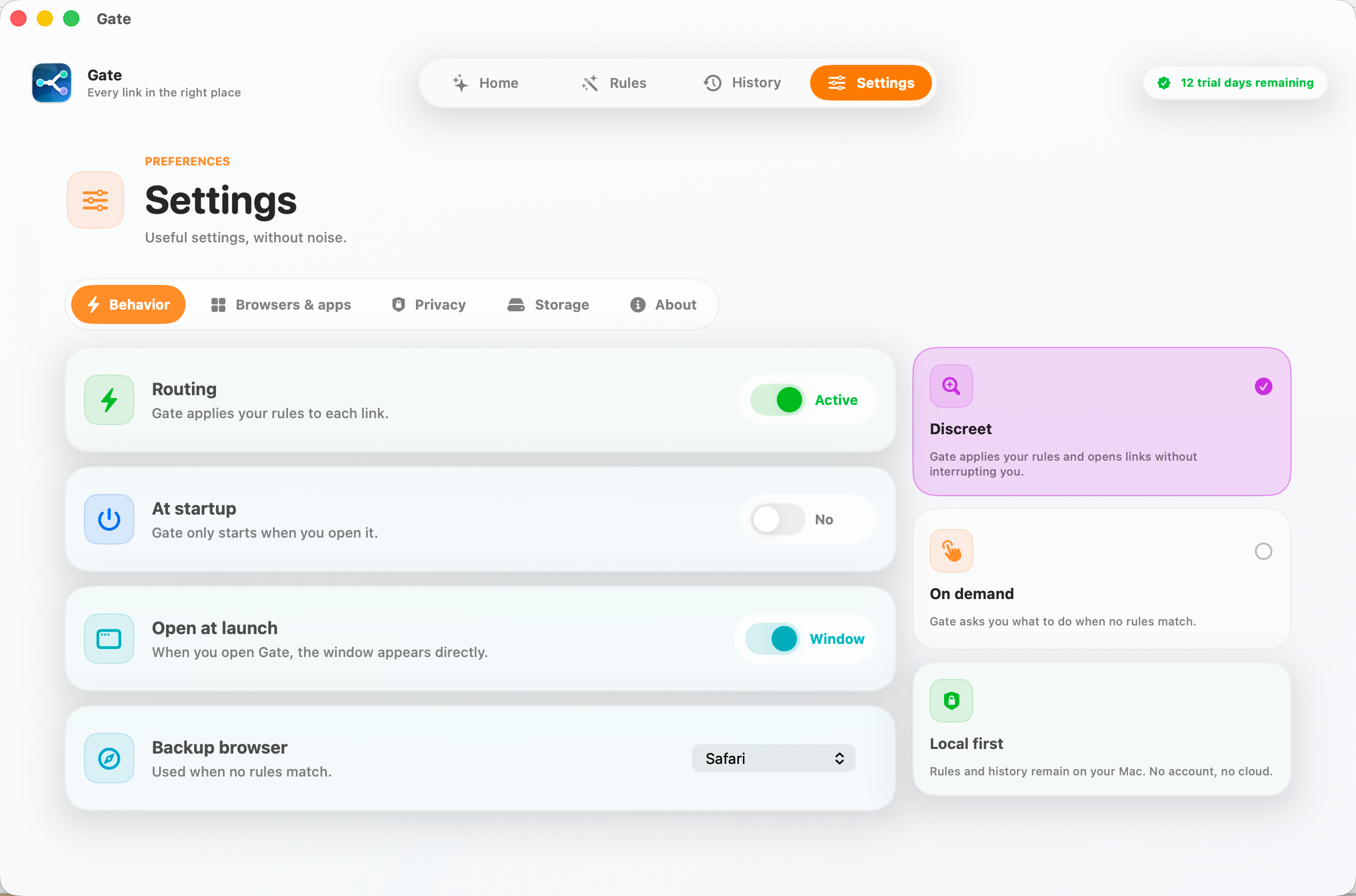 Gate — Everything stays on your Mac. No account. No cloud. No subscription — ever.